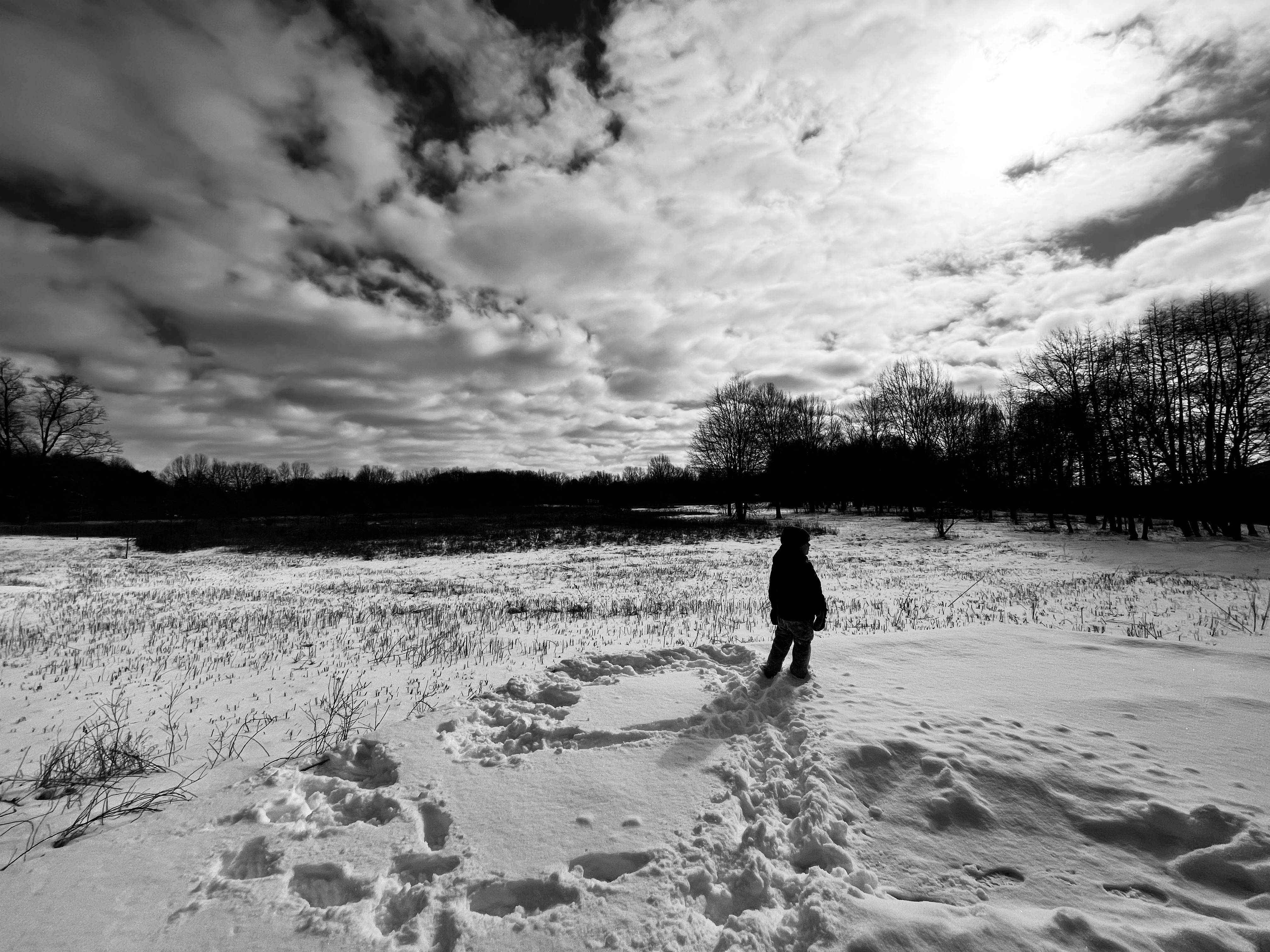 Jordan's oldest child, Cohen, examining a snowy landscape.
